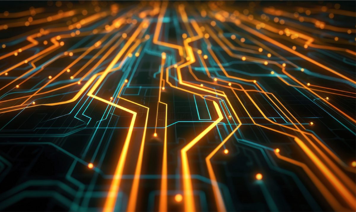 Representació abstracta de pistes de circuit il·luminades en taronja i turquesa.